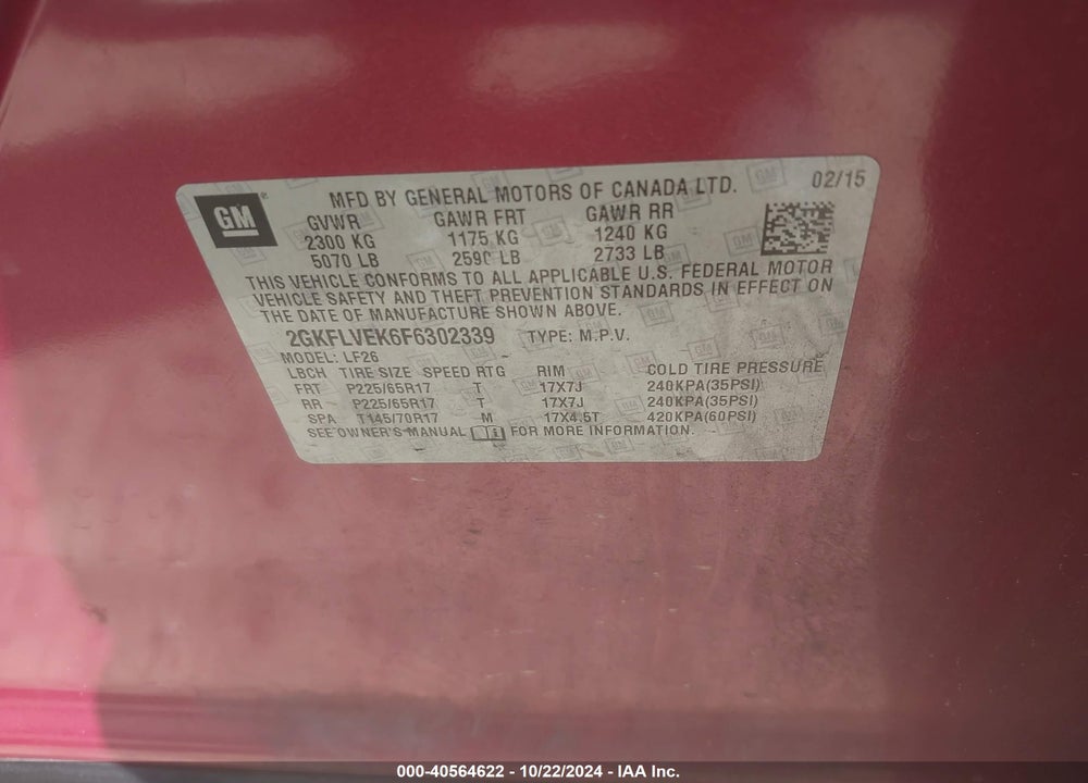 2015 GMC TERRAIN SLE-1 VIN: 2GKFLVEK6F6302339