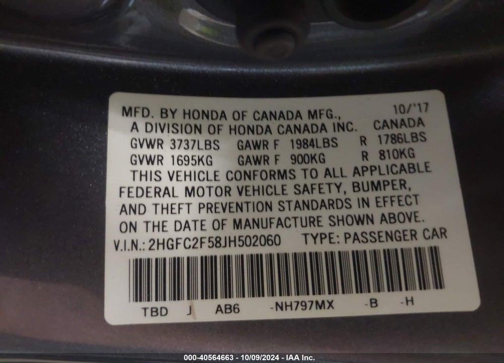 2018 HONDA CIVIC LX VIN: 2HGFC2F58JH502060