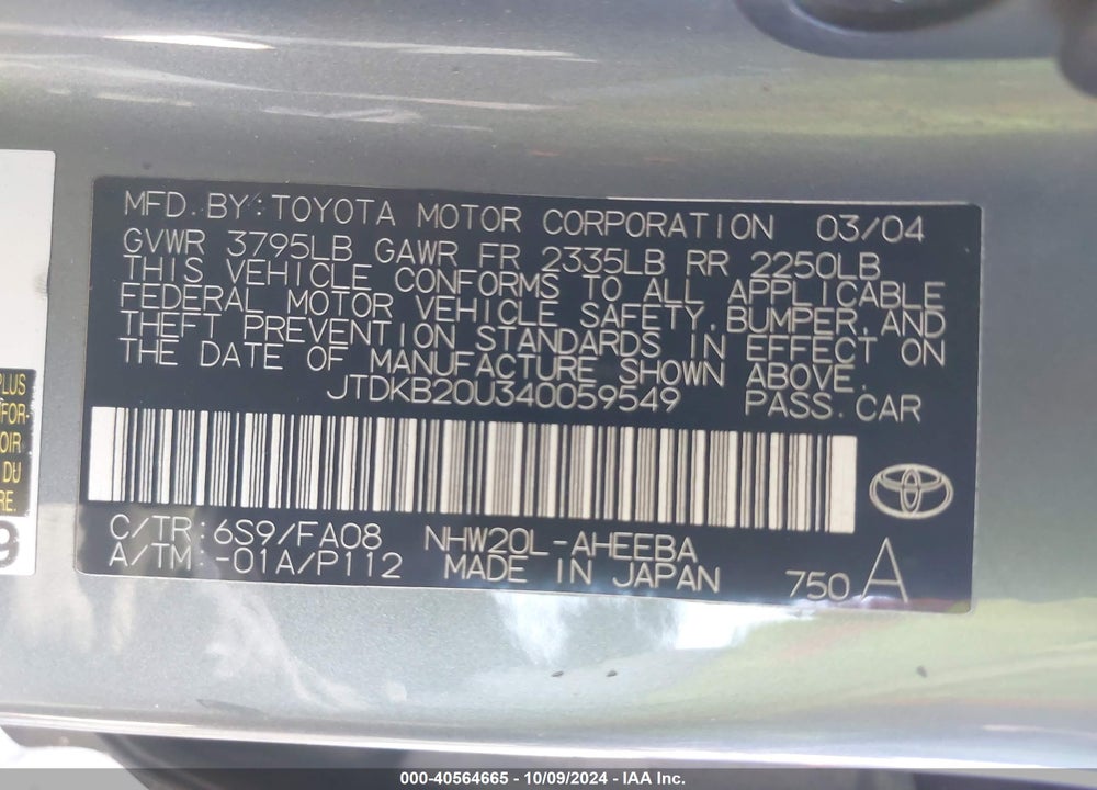 2004 TOYOTA PRIUS VIN: JTDKB20U340059549