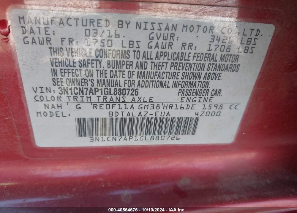 2016 NISSAN VERSA 1.6 S+ VIN: 3N1CN7AP1GL880726