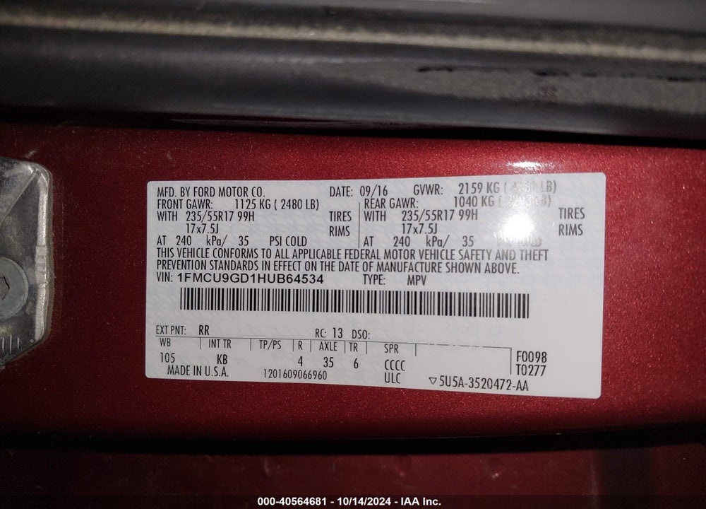 2017 FORD ESCAPE SE VIN: 1FMCU9GD1HUB64534