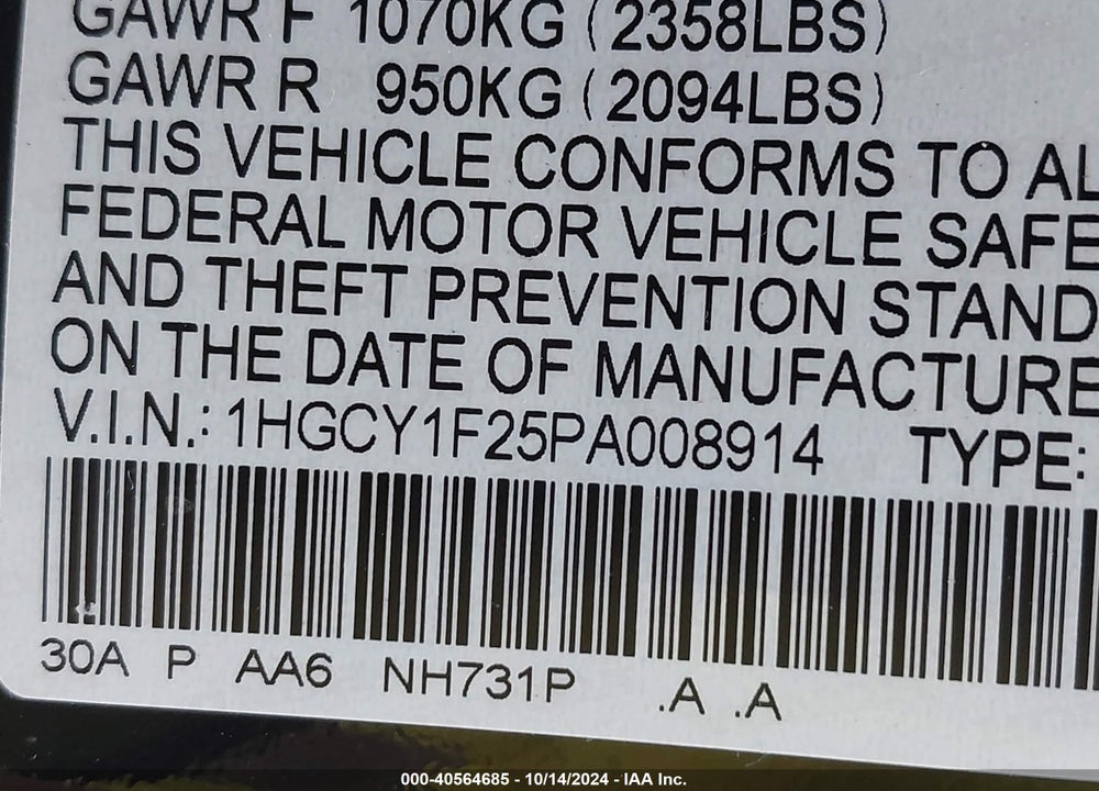 2023 HONDA ACCORD LX VIN: 1HGCY1F25PA008914