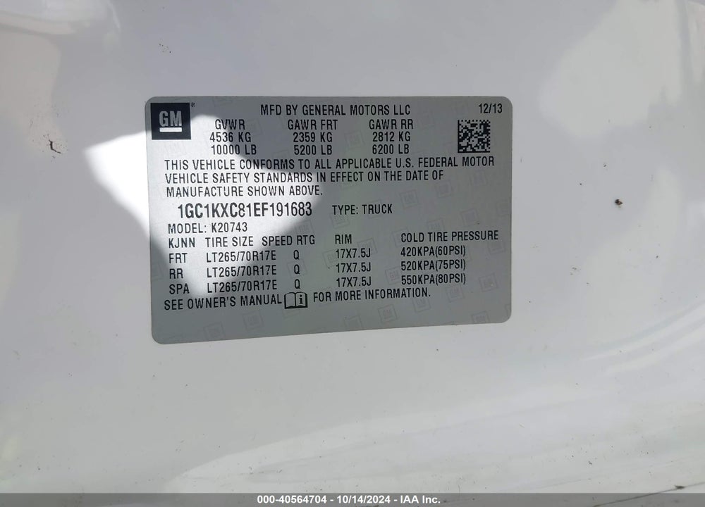 2014 CHEVROLET SILVERADO 2500HD LT VIN: 1GC1KXC81EF191683
