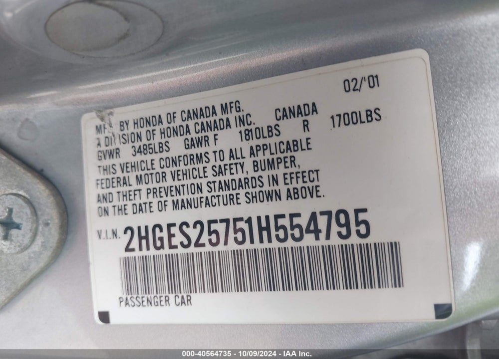 2001 HONDA CIVIC EX VIN: 2HGES25751H554795