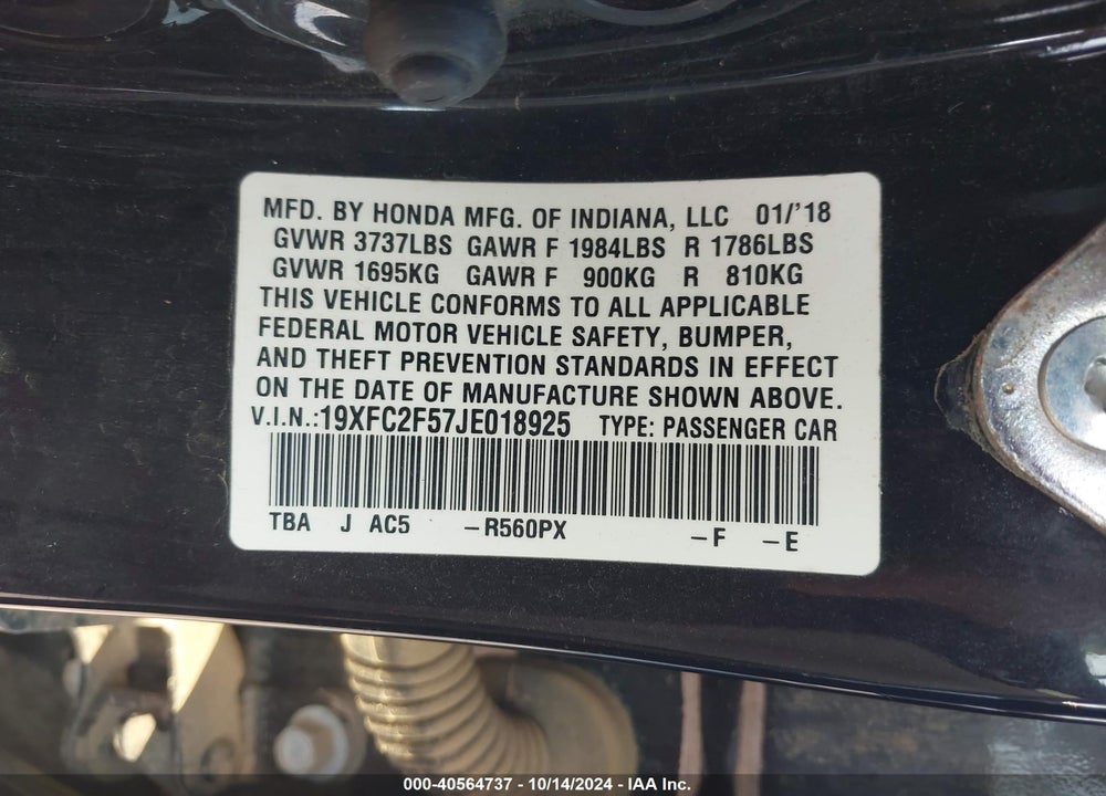 2018 HONDA CIVIC LX VIN: 19XFC2F57JE018925