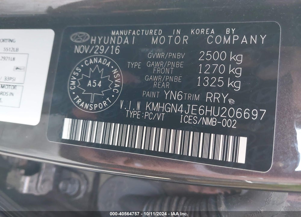 2017 GENESIS G80 3.8 TECHNOLOGY VIN: KMHGN4JE6HU206697