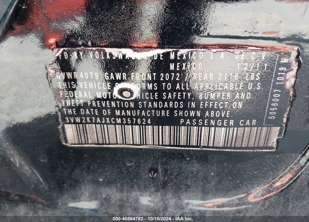 2012 VOLKSWAGEN JETTA 2.0L S VIN: 3VW2K7AJXCM357624