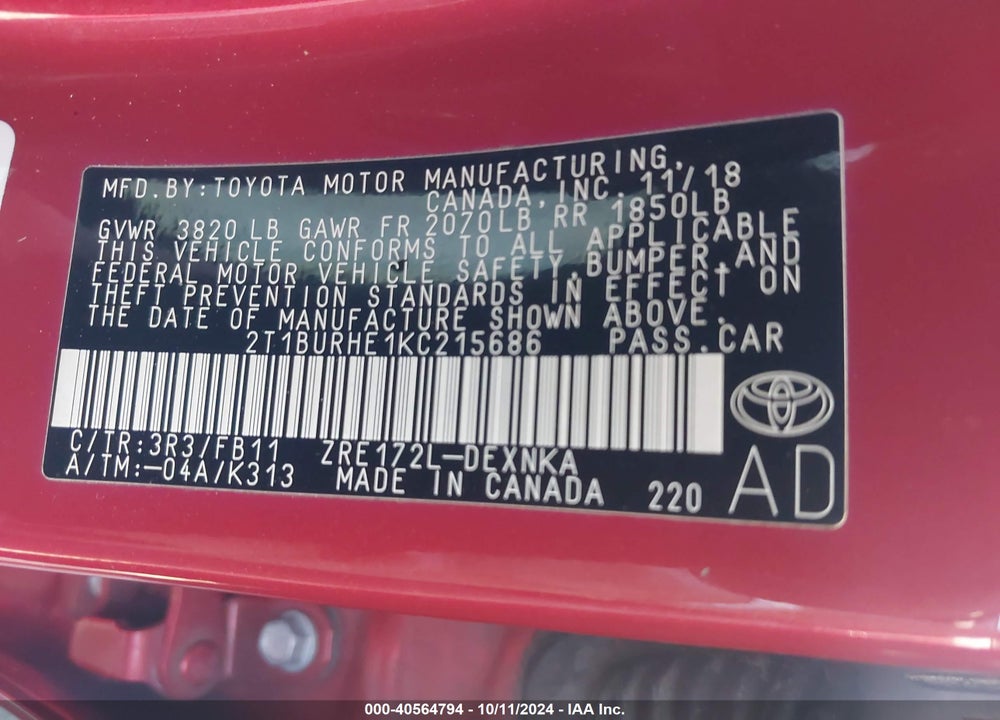 2019 TOYOTA COROLLA LE VIN: 2T1BURHE1KC215686