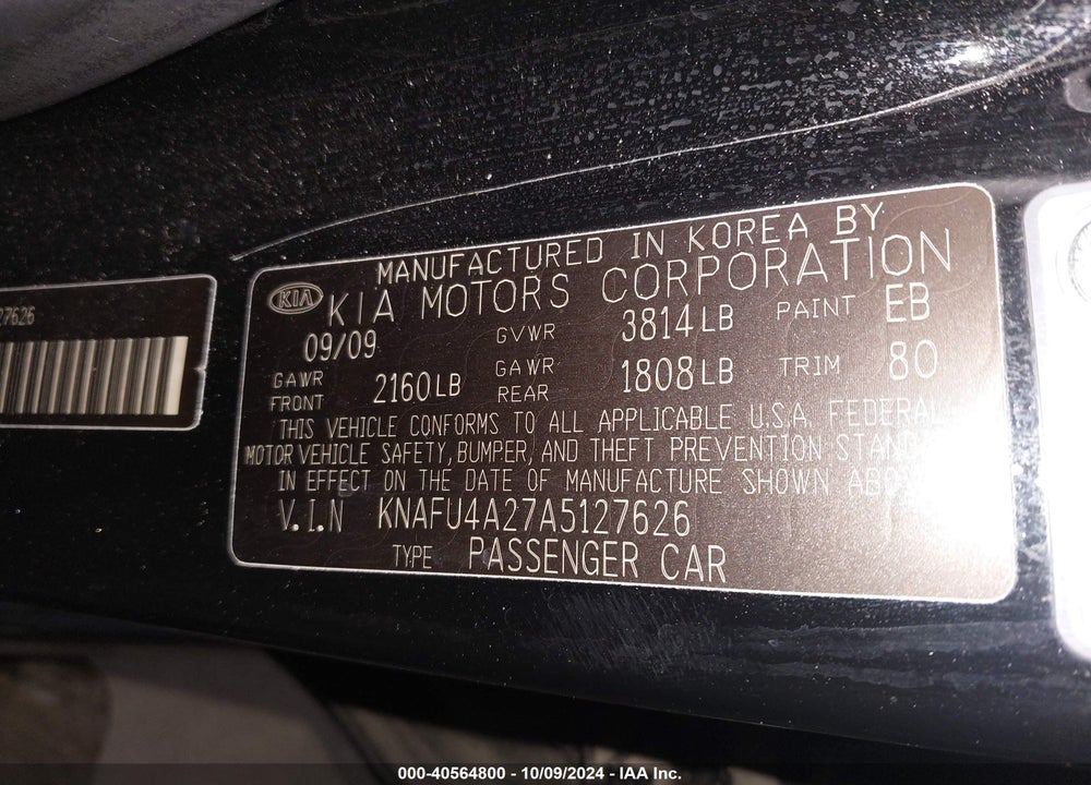 2010 KIA FORTE EX VIN: KNAFU4A27A5127626