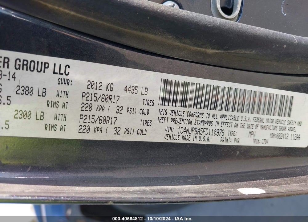 2015 JEEP PATRIOT ALTITUDE EDITION VIN: 1C4NJPBA5FD110979