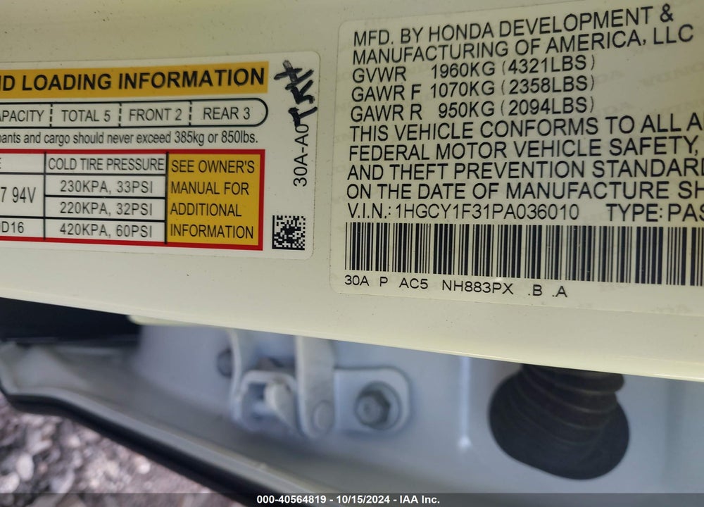2023 HONDA ACCORD VIN: 1HGCY1F31PA036010