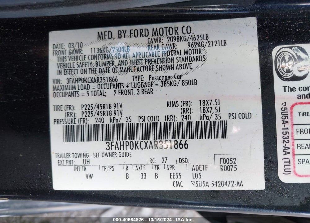 2010 FORD FUSION SPORT VIN: 3FAHP0KCXAR351866