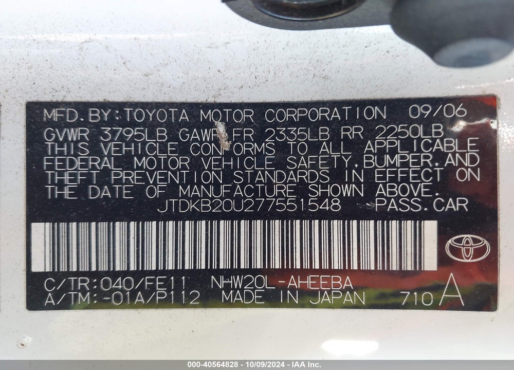 2007 TOYOTA PRIUS BASE (CVT-E) VIN: JTDKB20U277551548