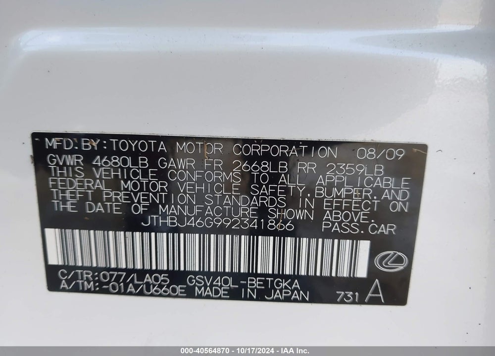 2009 LEXUS ES 350 VIN: JTHBJ46G992341866