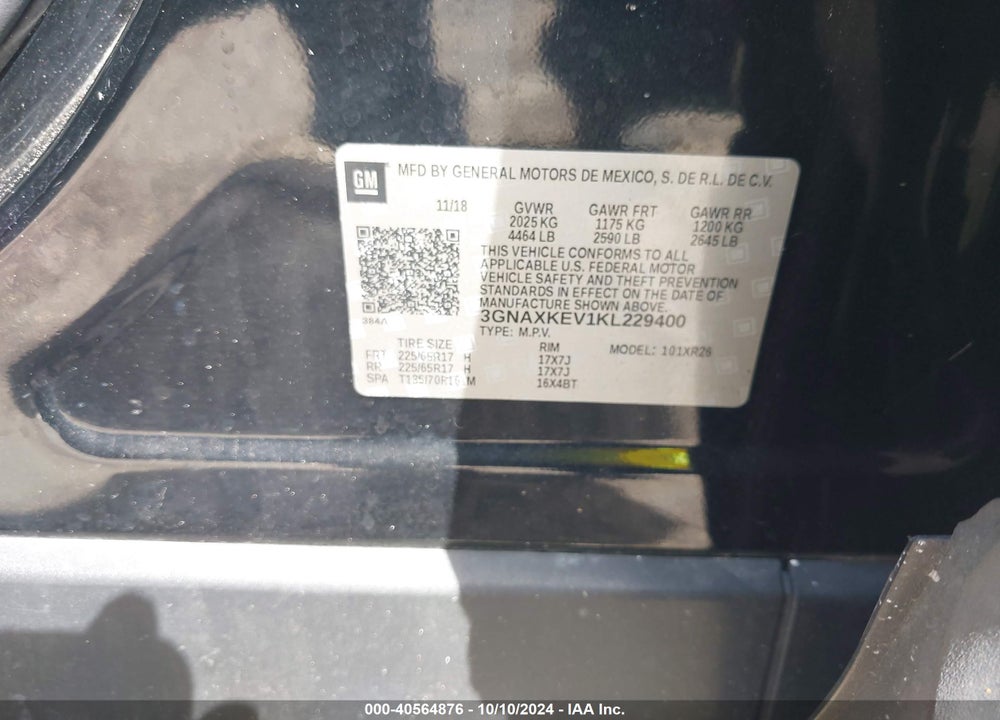 2019 CHEVROLET EQUINOX LT VIN: 3GNAXKEV1KL229400