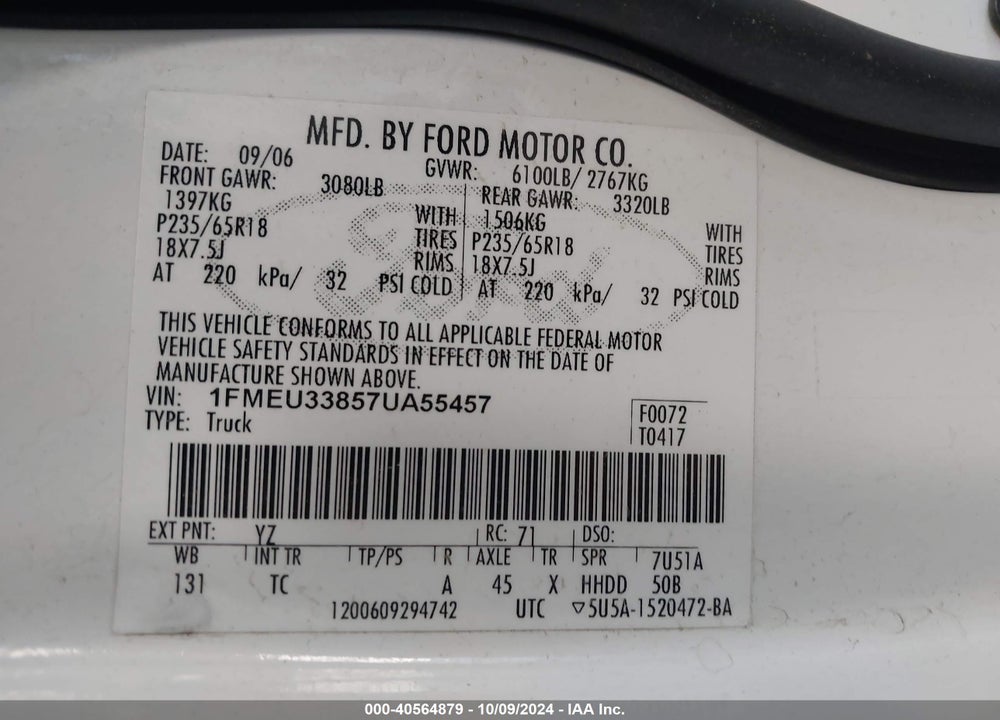 2007 FORD EXPLORER SPORT TRAC LIMITED VIN: 1FMEU33857UA55457