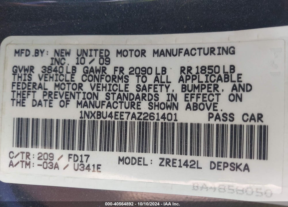 2010 TOYOTA COROLLA VIN: 1NXBU4EE7AZ261401