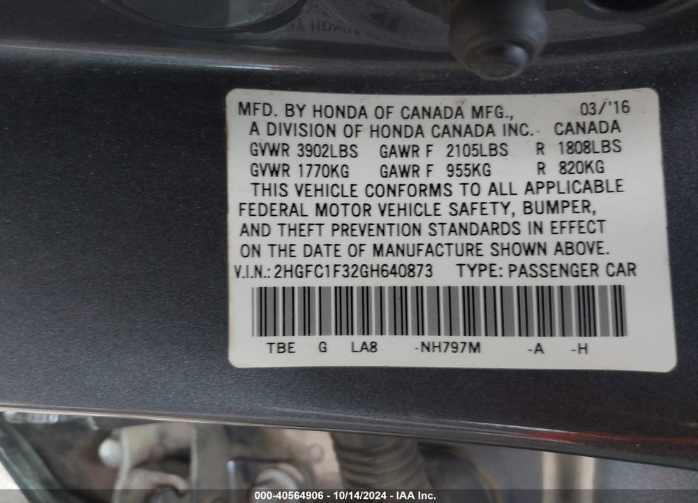 2016 HONDA CIVIC EX-T VIN: 2HGFC1F32GH640873