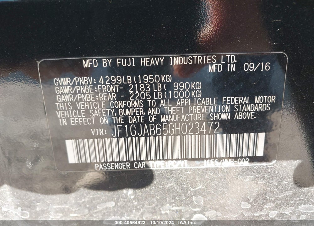 2016 SUBARU IMPREZA 2.0I PREMIUM VIN: JF1GJAB65GH023472