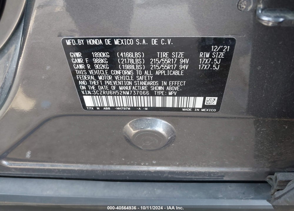 2022 HONDA HR-V AWD EX VIN: 3CZRU6H52NM737066