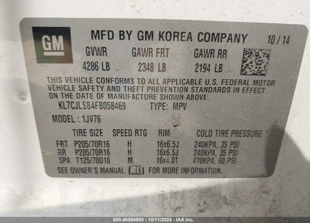 2015 CHEVROLET TRAX LT VIN: KL7CJLSB4FB058469