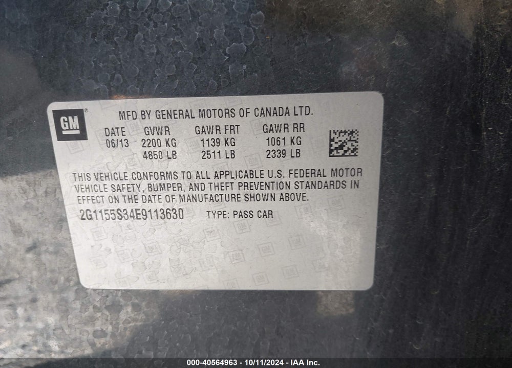 2014 CHEVROLET IMPALA 2LZ VIN: 2G1155S34E9113630
