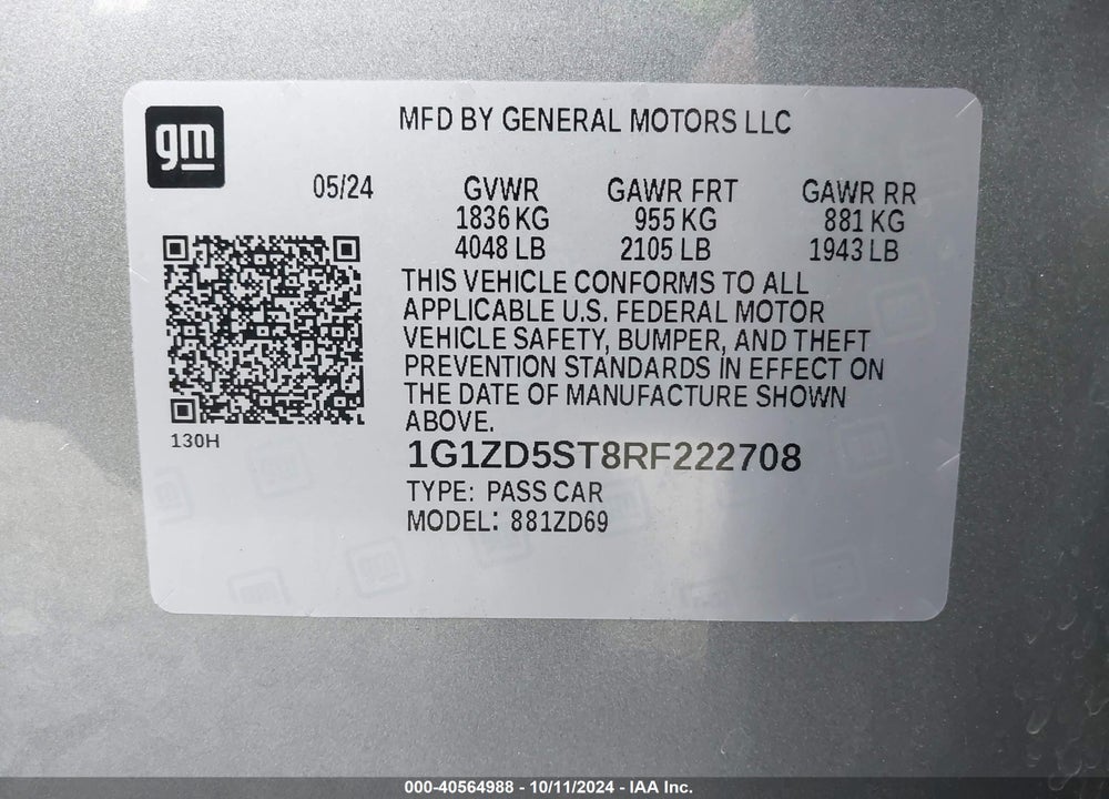 2024 CHEVROLET MALIBU FWD 1LT VIN: 1G1ZD5ST8RF222708