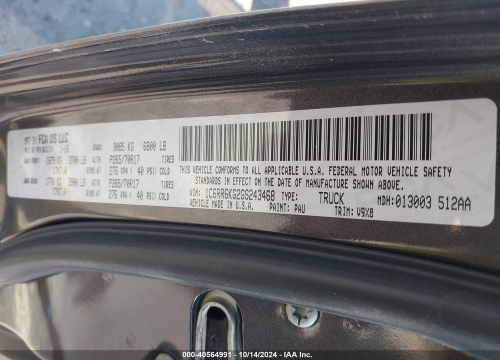 2016 RAM 1500 TRADESMAN VIN: 1C6RR6KG2GS243468