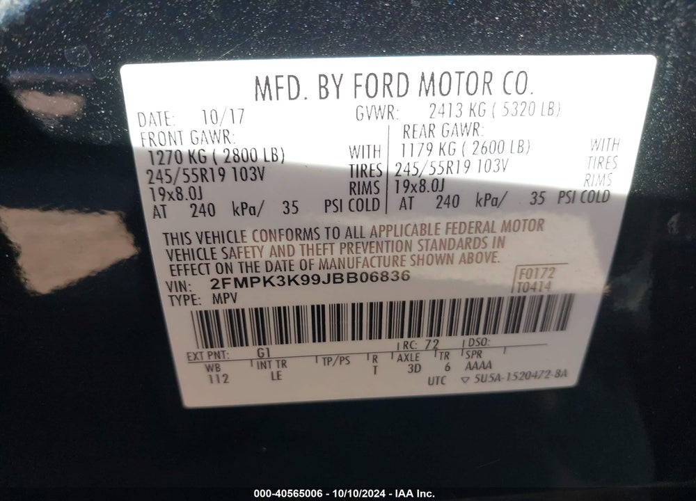 2018 FORD EDGE TITANIUM VIN: 2FMPK3K99JBB06836