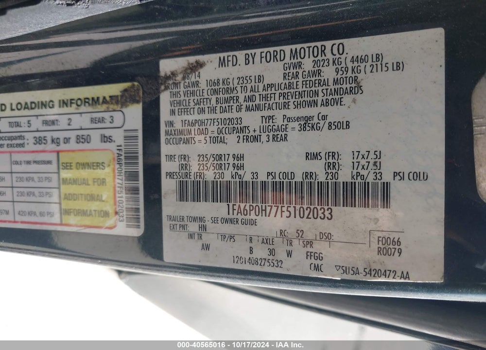 2015 FORD FUSION SE VIN: 1FA6P0H77F5102033