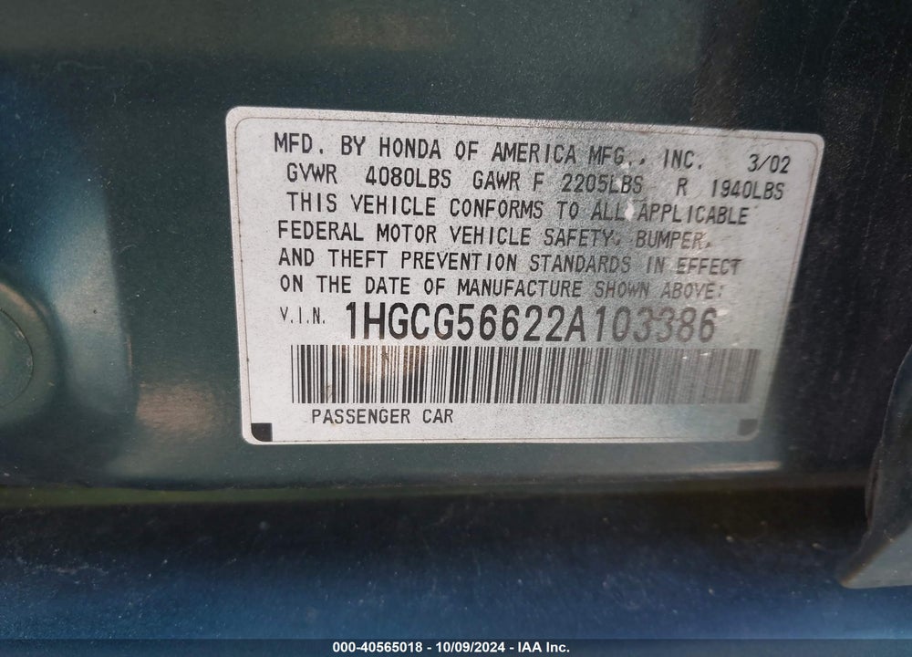 2002 HONDA ACCORD 2.3 EX VIN: 1HGCG56622A103386