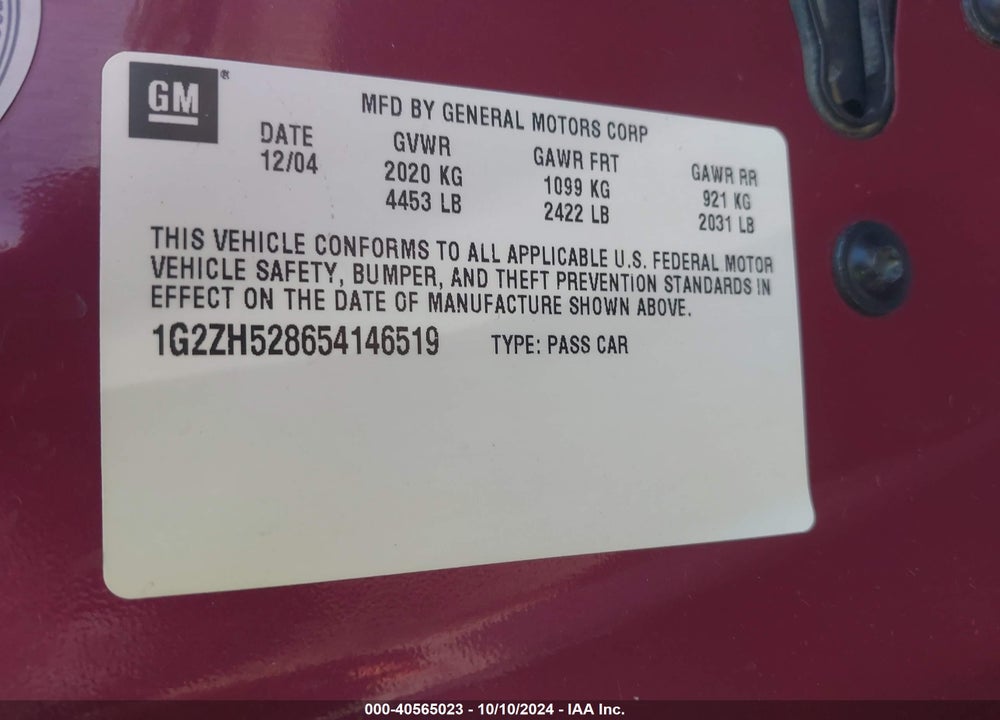 2005 PONTIAC G6 GT VIN: 1G2ZH528654146519