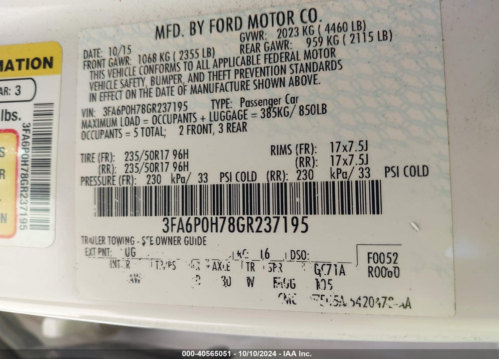 2016 FORD FUSION SE VIN: 3FA6P0H78GR237195