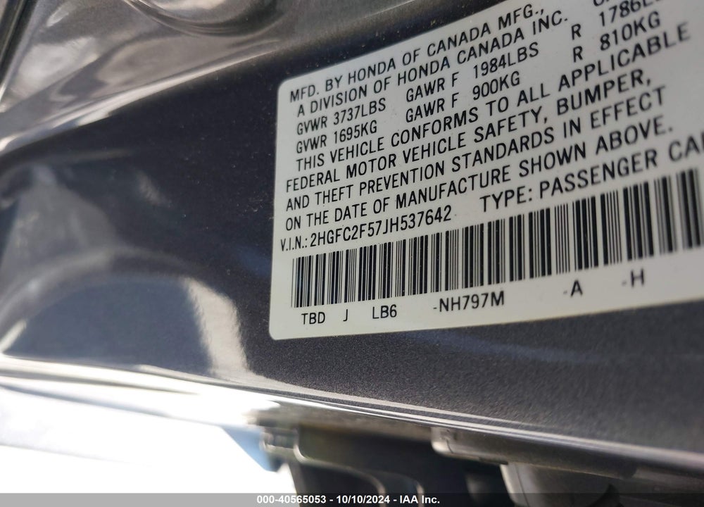 2018 HONDA CIVIC LX VIN: 2HGFC2F57JH537642