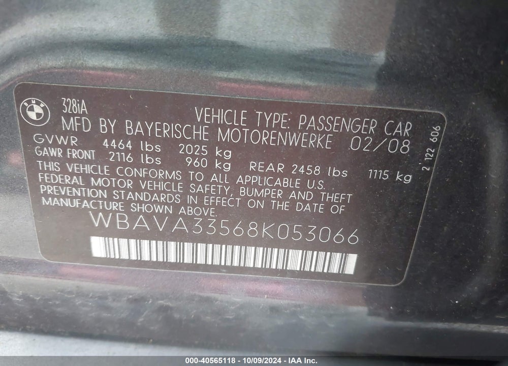 2008 BMW 328I VIN: WBAVA33568K053066