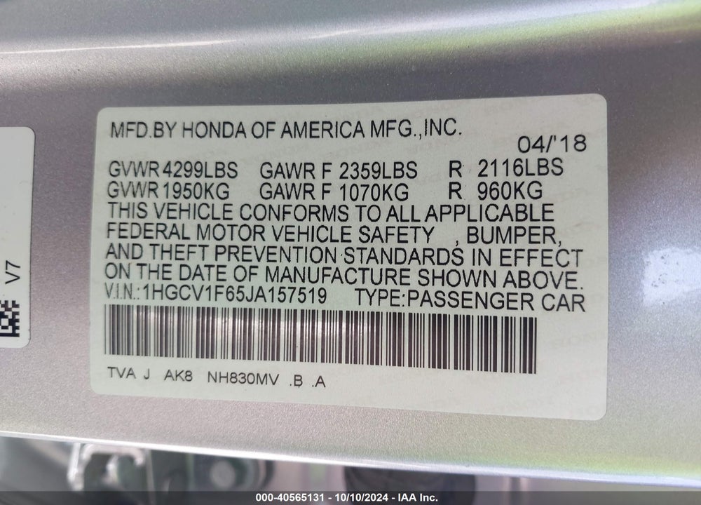 2018 HONDA ACCORD EX-L VIN: 1HGCV1F65JA157519
