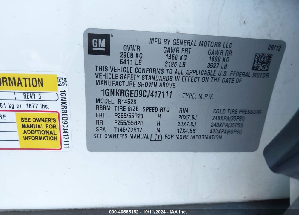 2012 CHEVROLET TRAVERSE 1LT VIN: 1GNKRGED9CJ417111