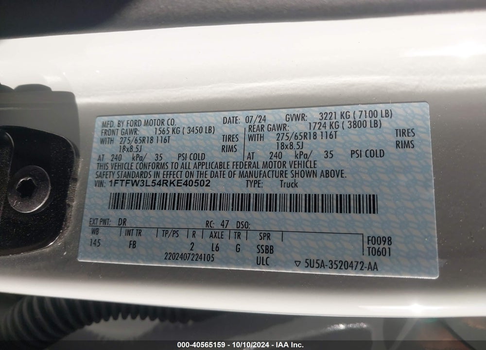 2024 FORD F-150 XLT VIN: 1FTFW3L54RKE40502