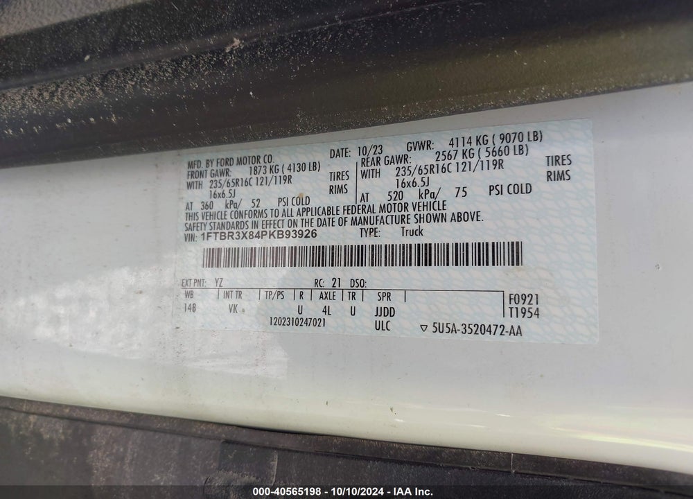 2023 FORD TRANSIT-250 CARGO VAN VIN: 1FTBR3X84PKB93926