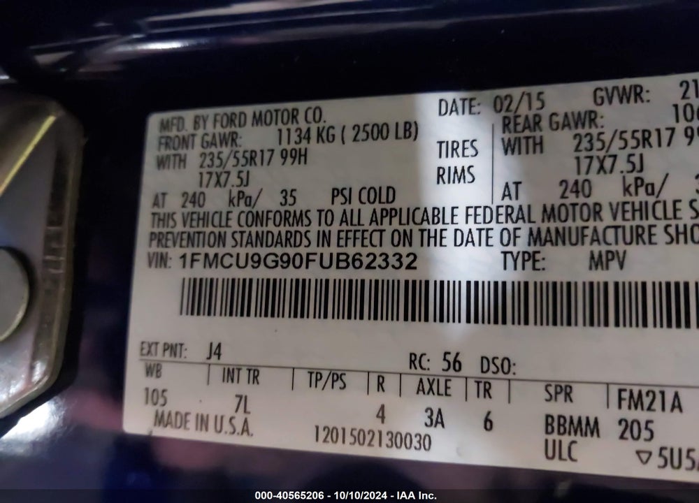 2015 FORD ESCAPE SE VIN: 1FMCU9G90FUB62332