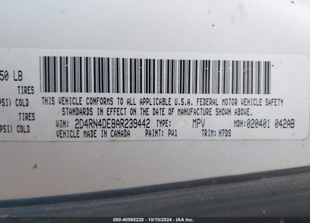 2010 DODGE GRAND CARAVAN SE VIN: 2D4RN4DE8AR239442