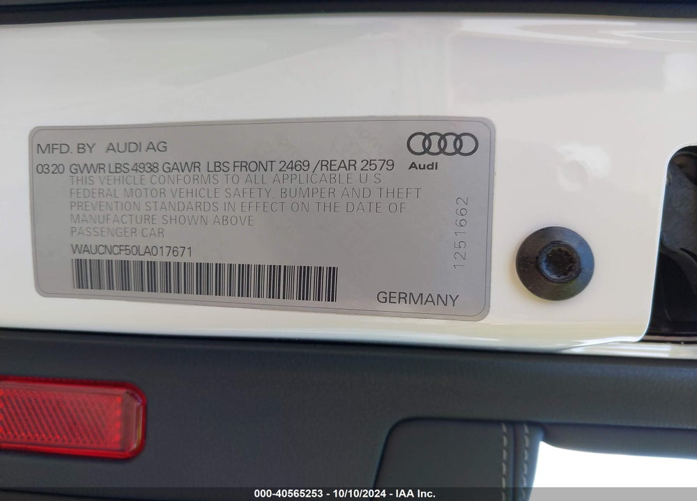 2020 AUDI A5 SPORTBACK PREMIUM PLUS 45 TFSI QUATTRO S TRONIC VIN: WAUCNCF50LA017671