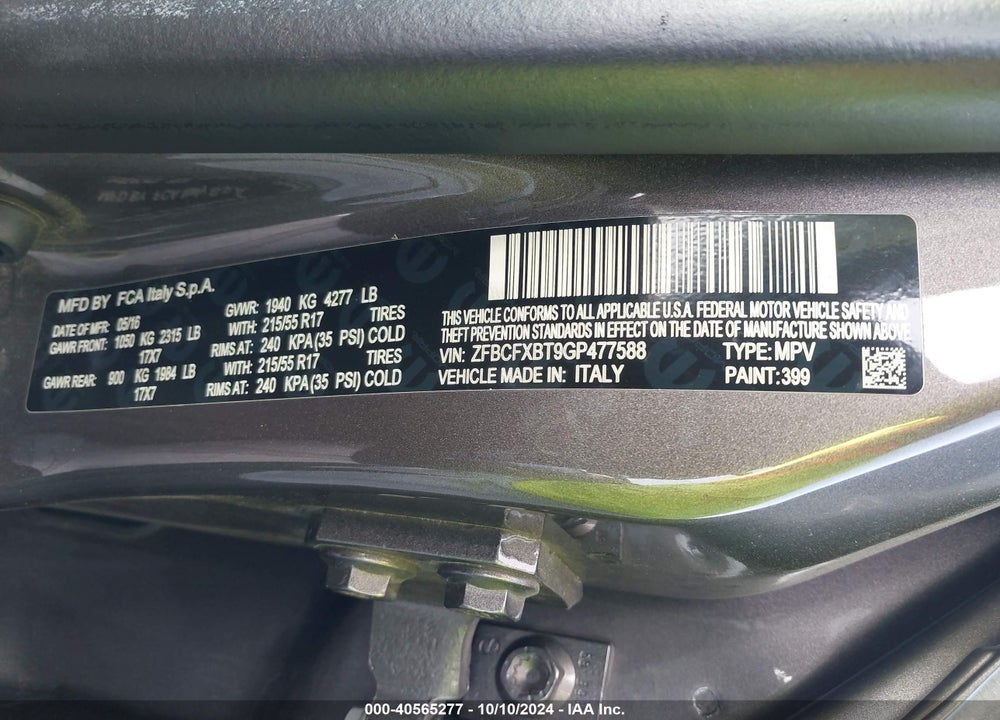 2016 FIAT 500X EASY VIN: ZFBCFXBT9GP477588