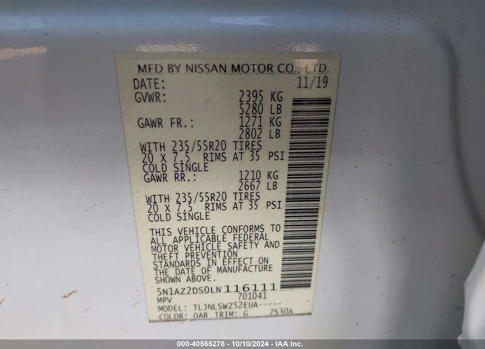 2020 NISSAN MURANO VIN: 5N1AZ2DS0LN116111