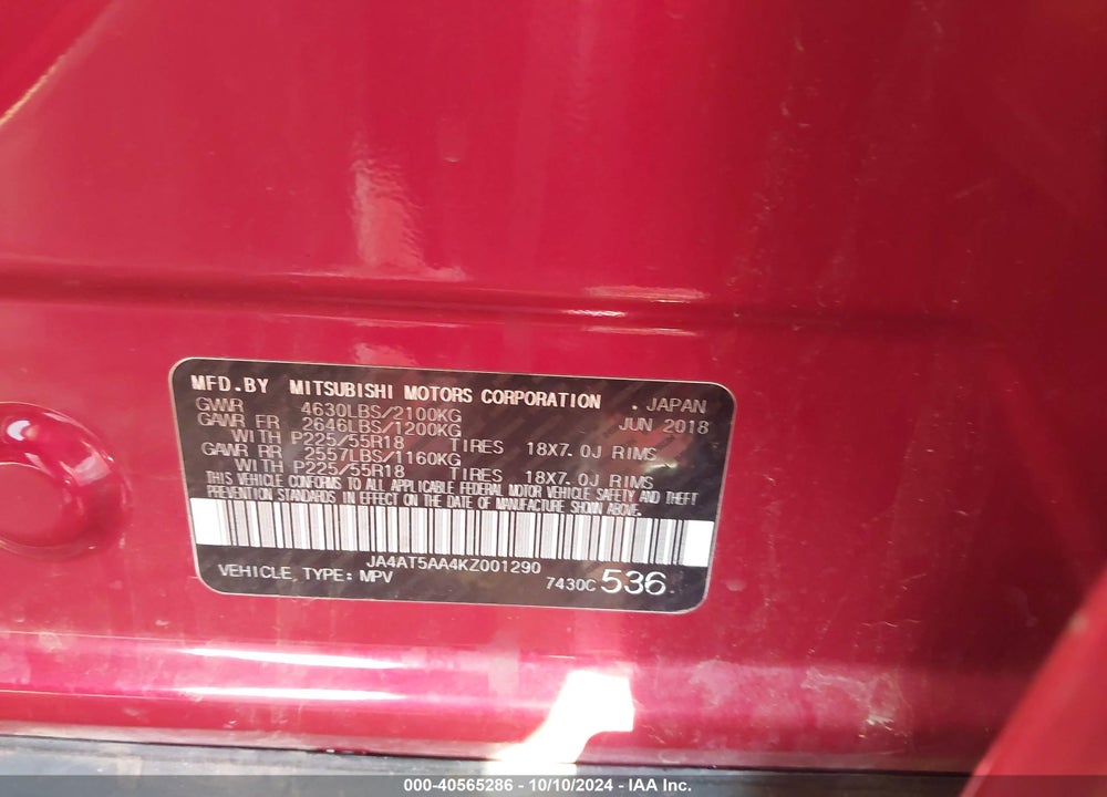 2019 MITSUBISHI ECLIPSE CROSS SE VIN: JA4AT5AA4KZ001290