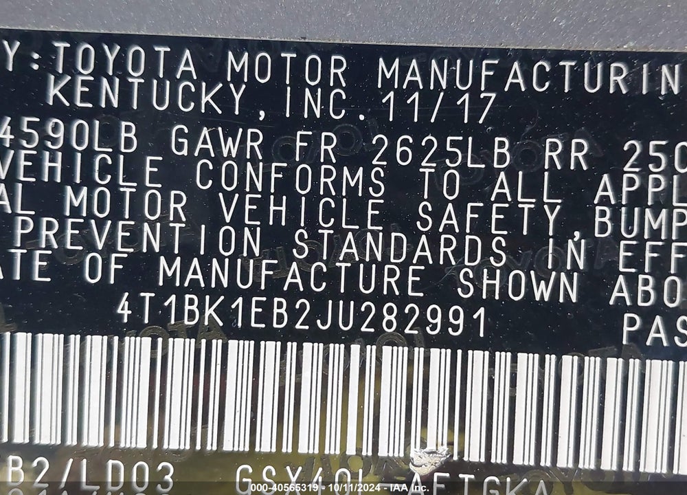 2018 TOYOTA AVALON XLE VIN: 4T1BK1EB2JU282991