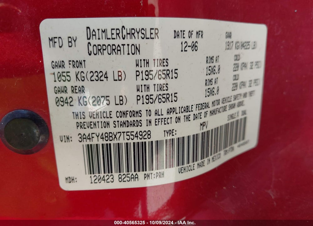 2007 CHRYSLER PT CRUISER VIN: 3A4FY48BX7T554928