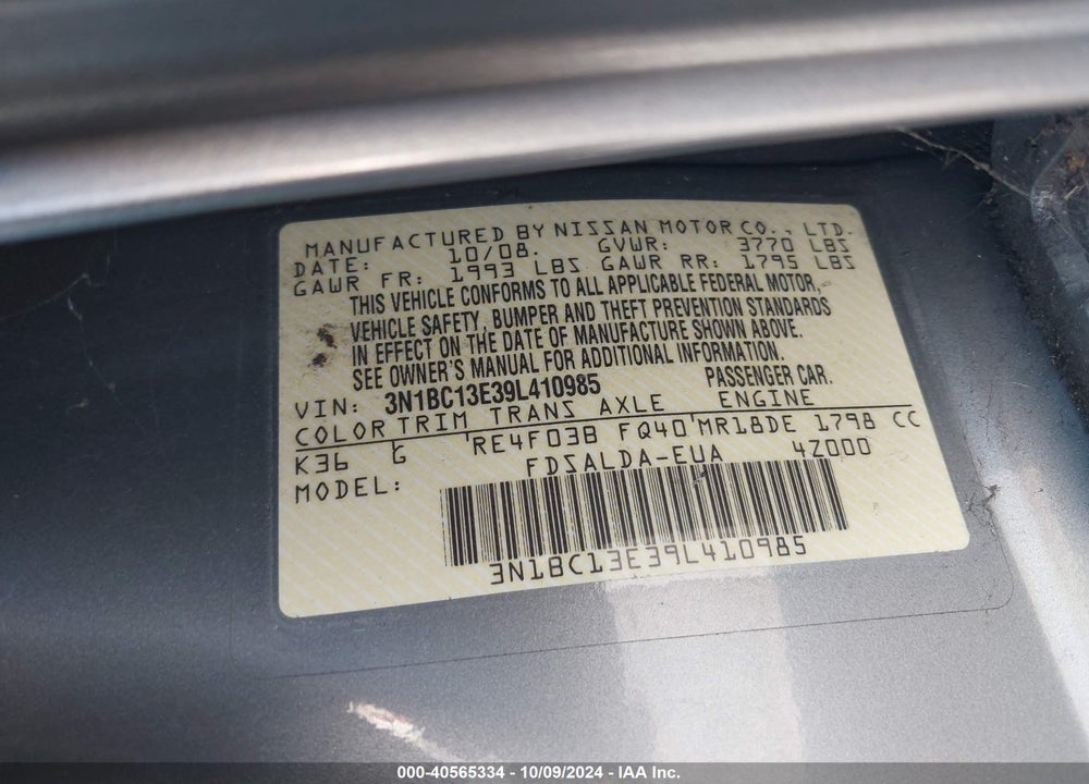 2009 NISSAN VERSA 1.8S VIN: 3N1BC13E39L410985