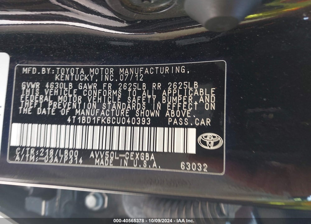 2012 TOYOTA CAMRY HYBRID XLE VIN: 4T1BD1FK6CU040393