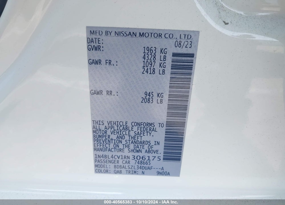 2024 NISSAN ALTIMA SR FWD VIN: 1N4BL4CV1RN306175